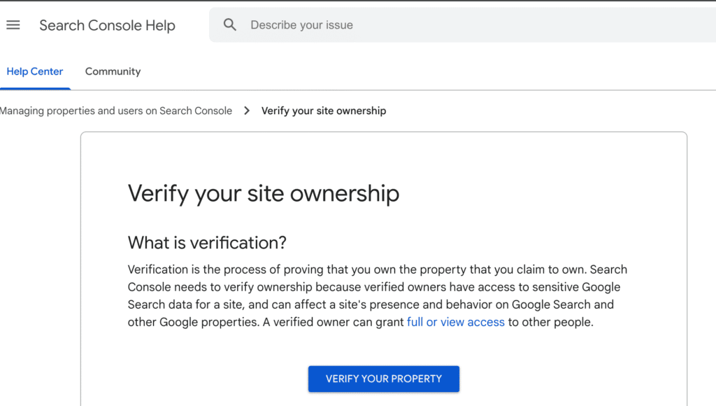 Image of Ownership verification page on Managing properties and users on Search Console